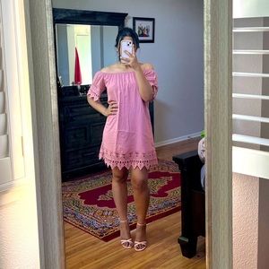 Salmon color off the shoulder mini dress
